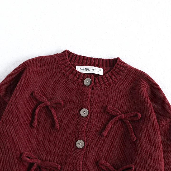 Long Sleeved O-neck Bowknot Red Cardigen - VONVEX