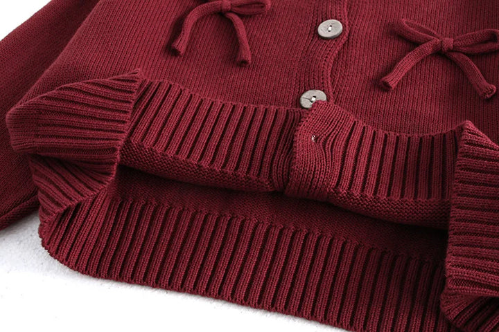 Long Sleeved O-neck Bowknot Red Cardigen - VONVEX