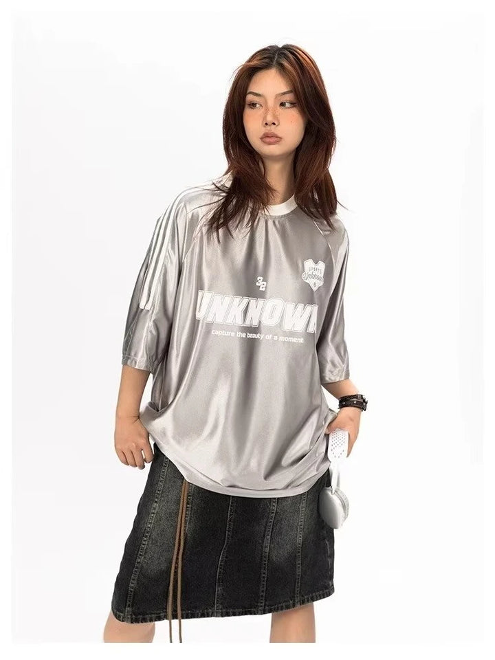 Y2K Metallic Silver Oversized T-Shirt     - VONVEX