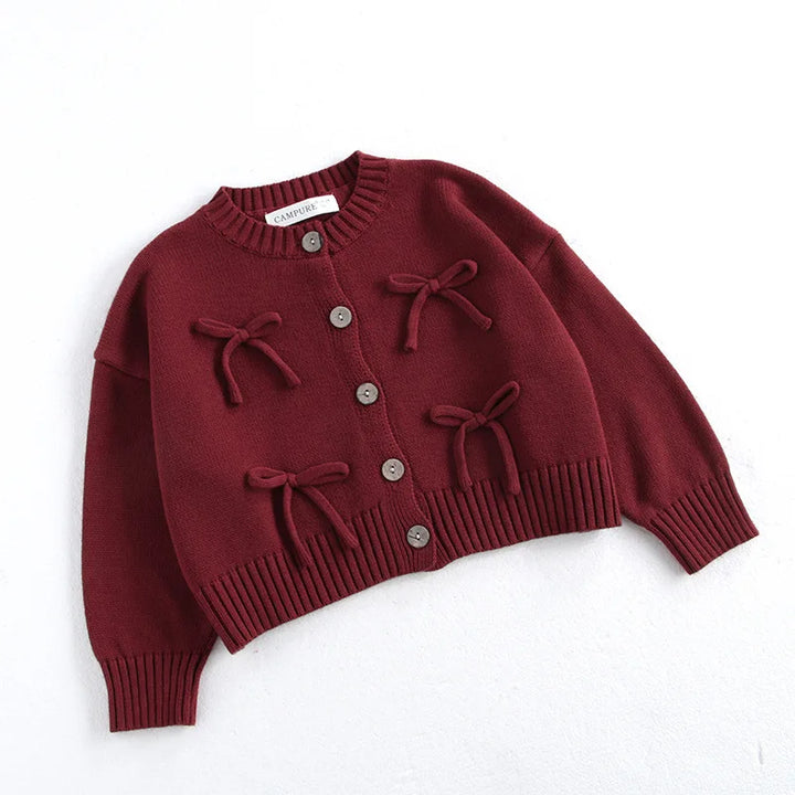 Long Sleeved O-neck Bowknot Red Cardigen - VONVEX