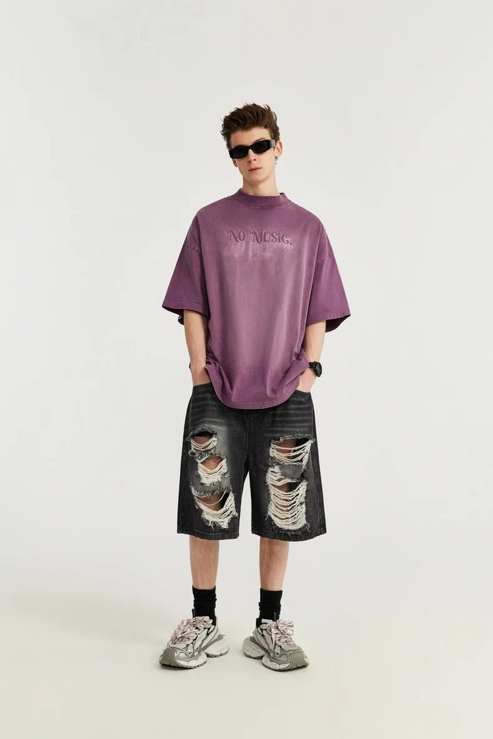 Casual Ripped Straight Leg Denim Short     - VONVEX