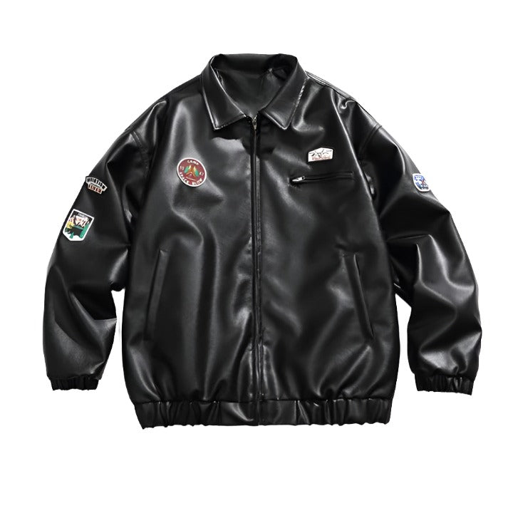 Motorcycle Varsity Leather Jacket  Black M  - VONVEX