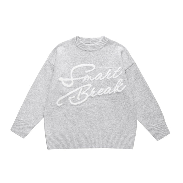 Letter Embroidery Crew Neck Sweater Gray M - VONVEX