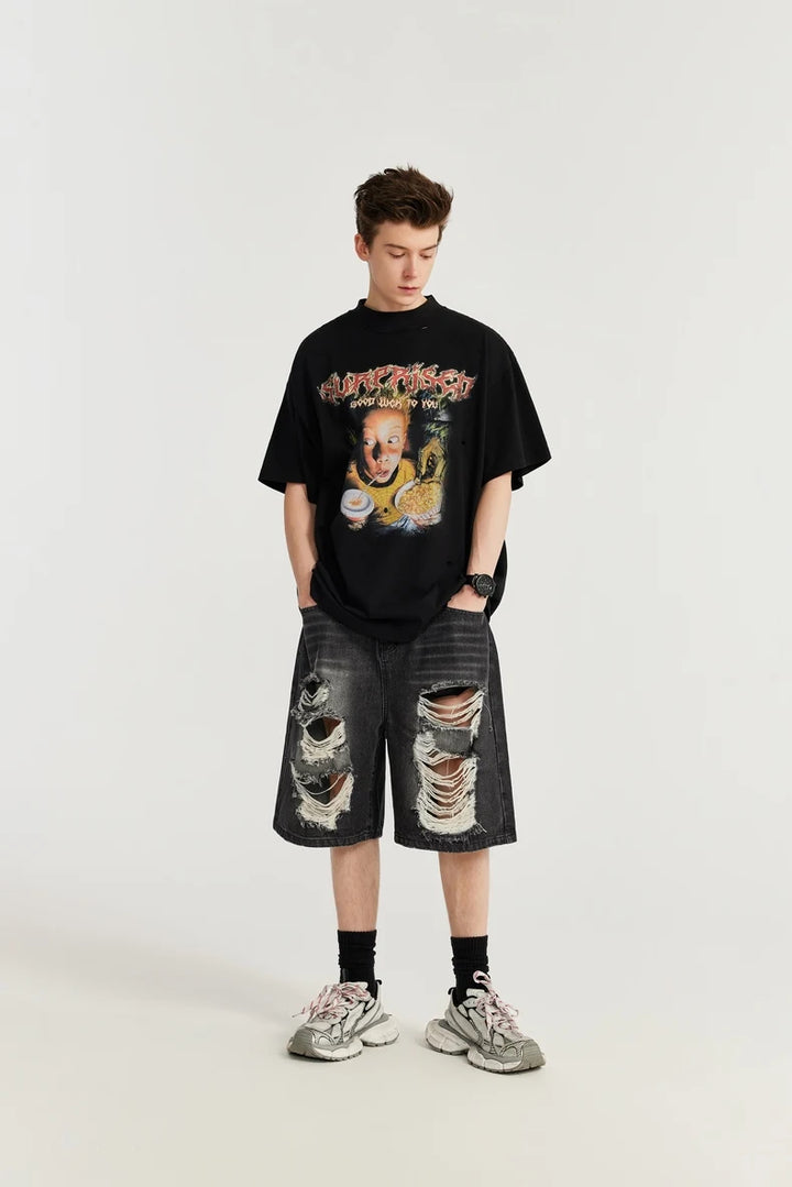 Casual Ripped Straight Leg Denim Short     - VONVEX