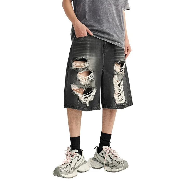 Casual Ripped Straight Leg Denim Short     - VONVEX