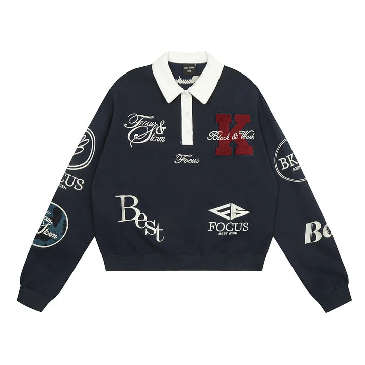 Urban Embroidered Lapel Sweatshirt  Navy Blue M  - VONVEX