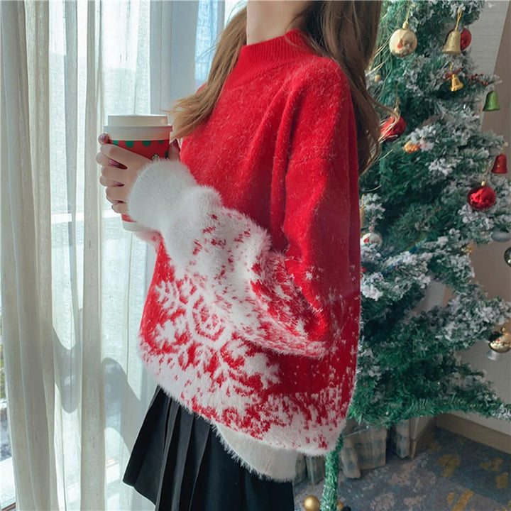 Turtleneck Snow Flake Sweater Red One Size - VONVEX