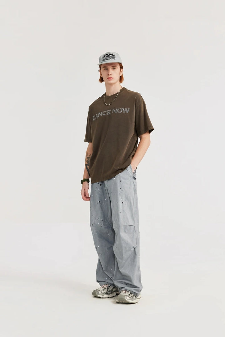 Washed Splashed Wide Leg Cargo Pant     - VONVEX