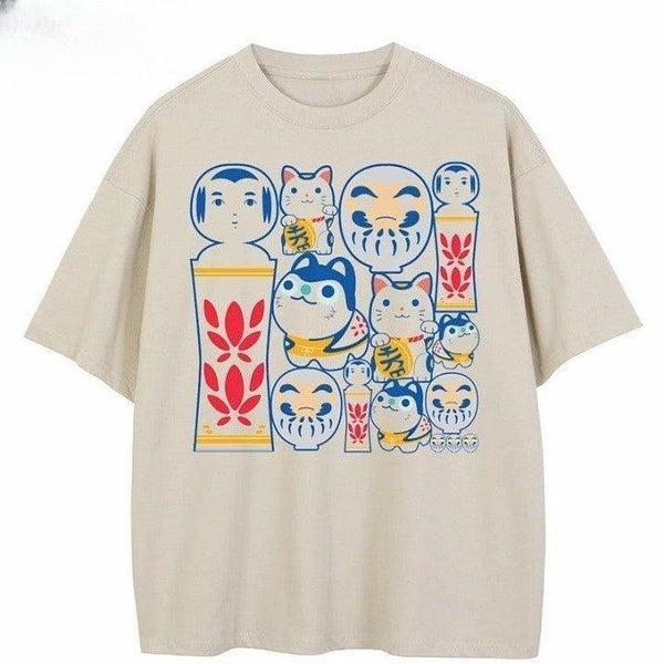 Japanese Cat Graphic Printed T-Shirt  Beige S  - VONVEX