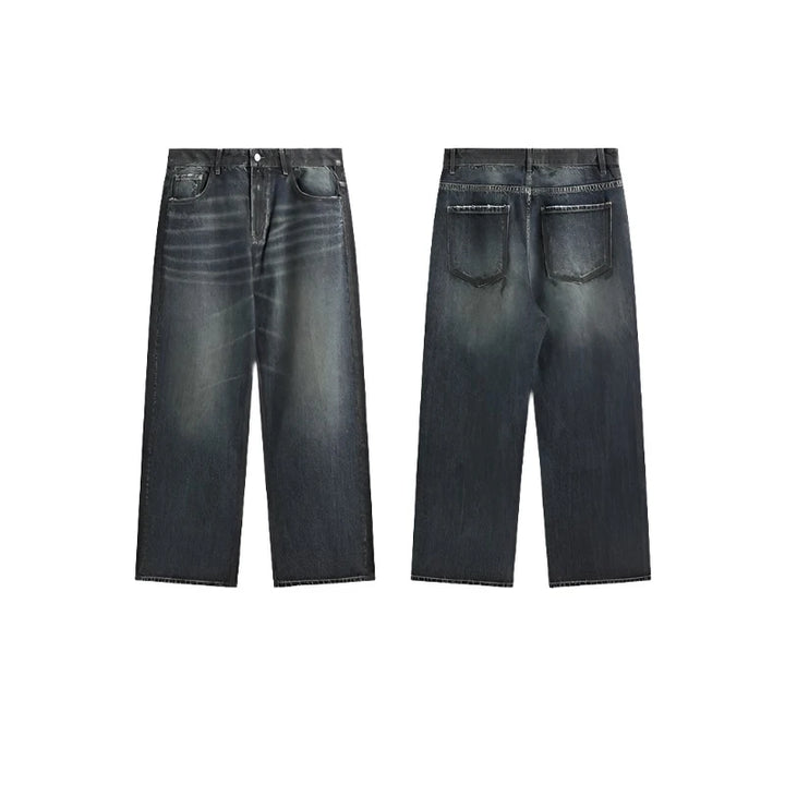 Washed Wide Leg Blue Denim Jeans     - VONVEX