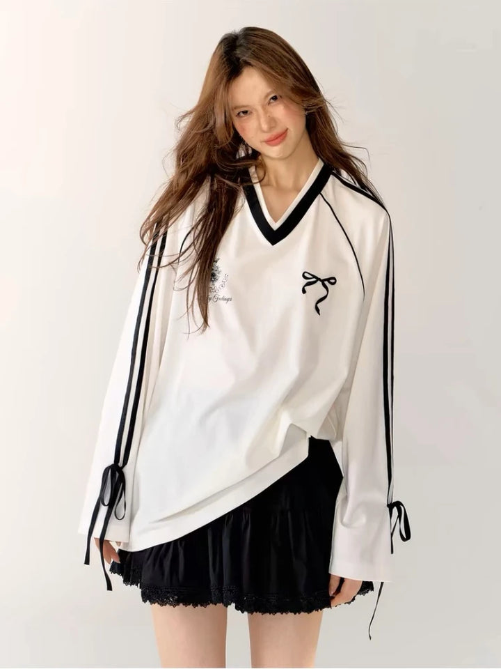 Y2k Oversized V-neck Black Jersey Sweater White S - VONVEX