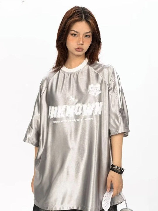 Y2K Metallic Silver Oversized T-Shirt     - VONVEX