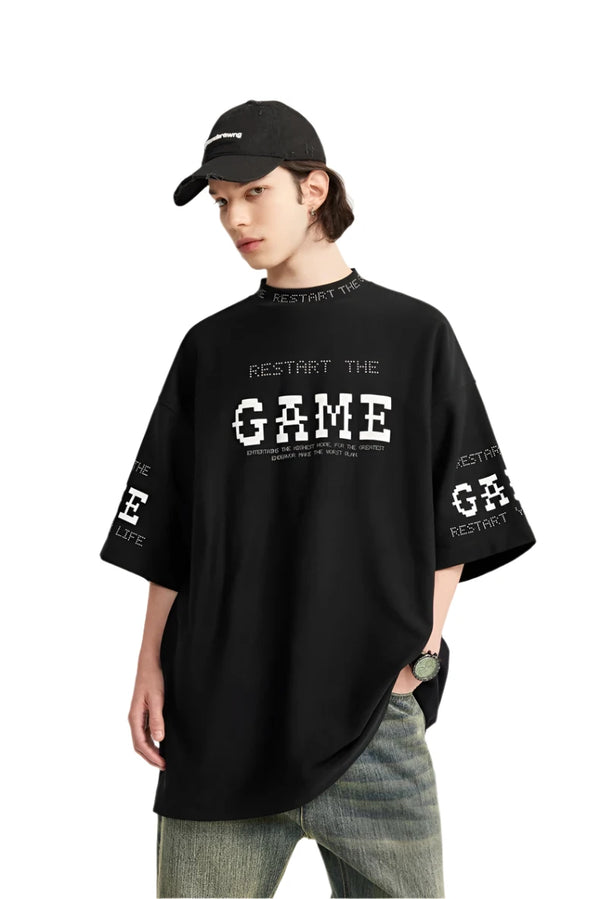 "RESTART THE GAME" Oversized T-Shirt  Black M  - VONVEX