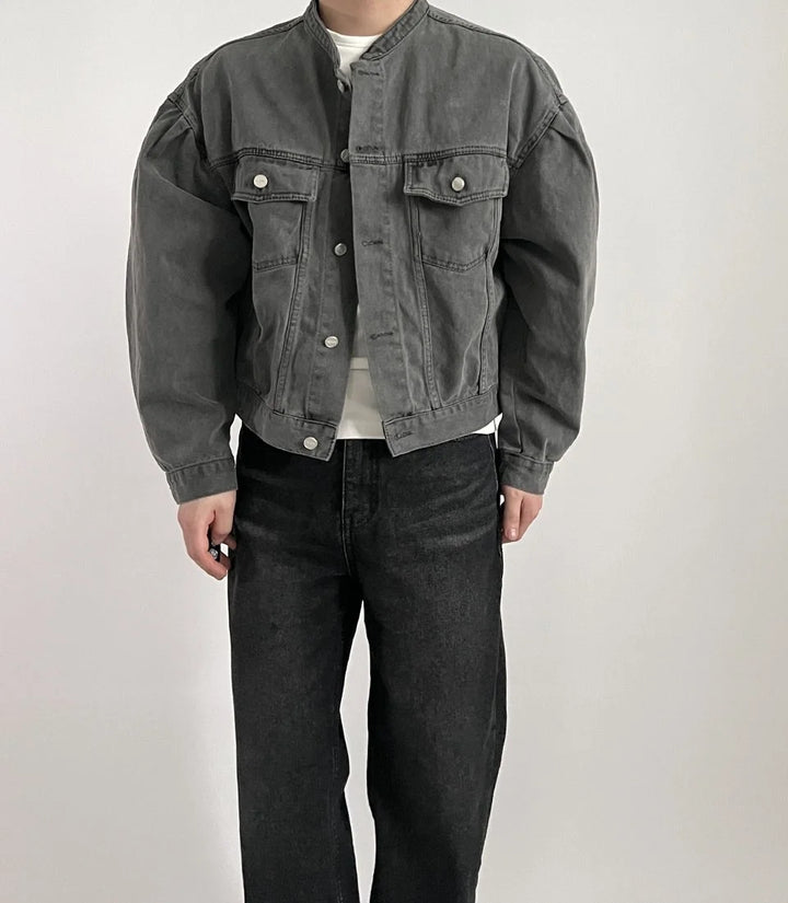 Stand Collar Short Denim Jacket     - VONVEX