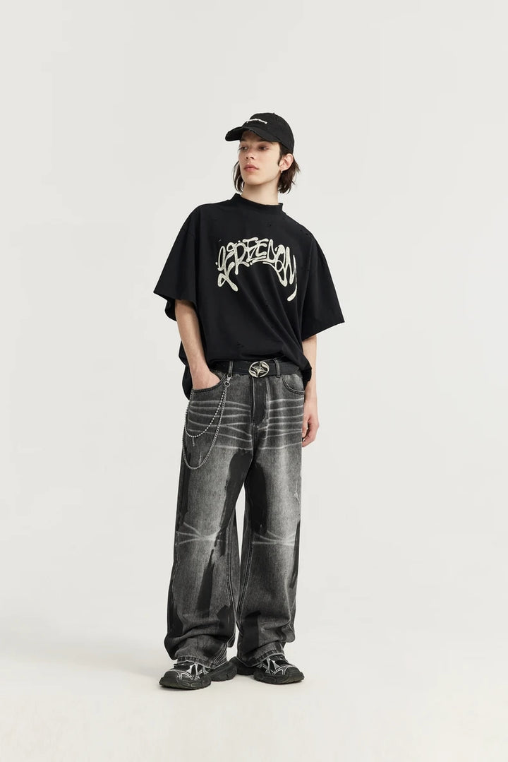 Trendy Washed Black Denim Jeans     - VONVEX