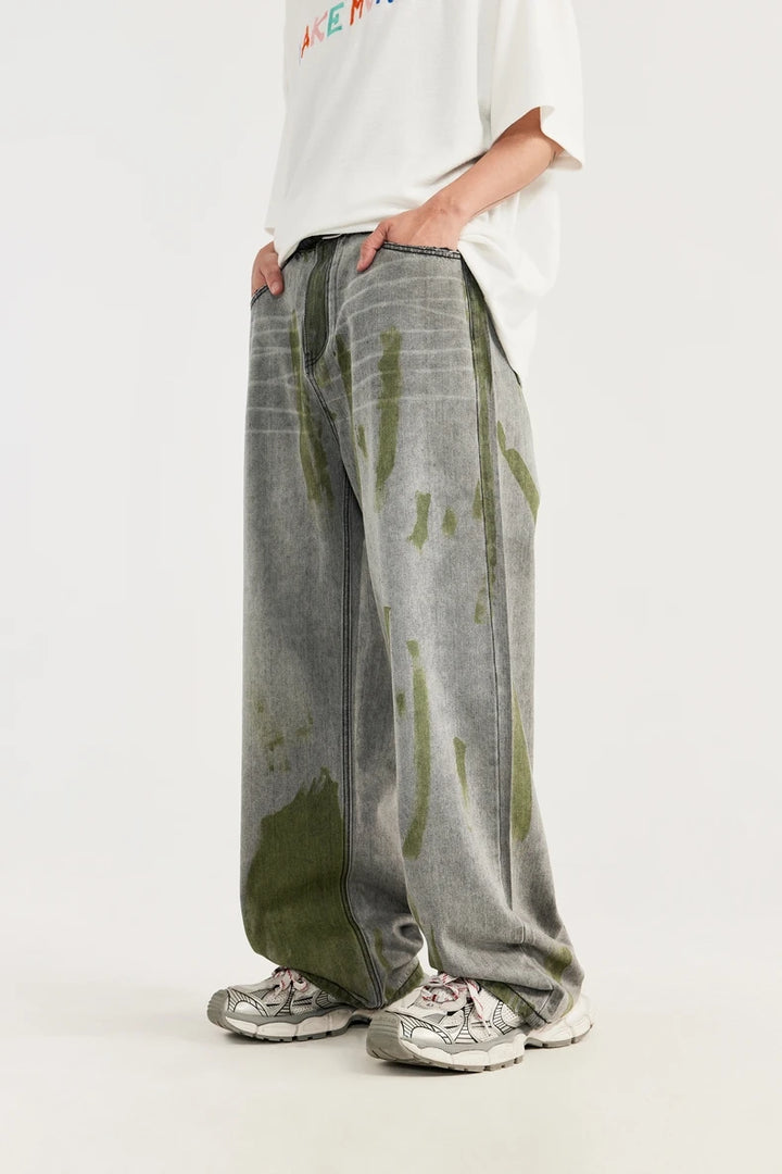 Casual Green Painted Wide-Leg Jeans     - VONVEX