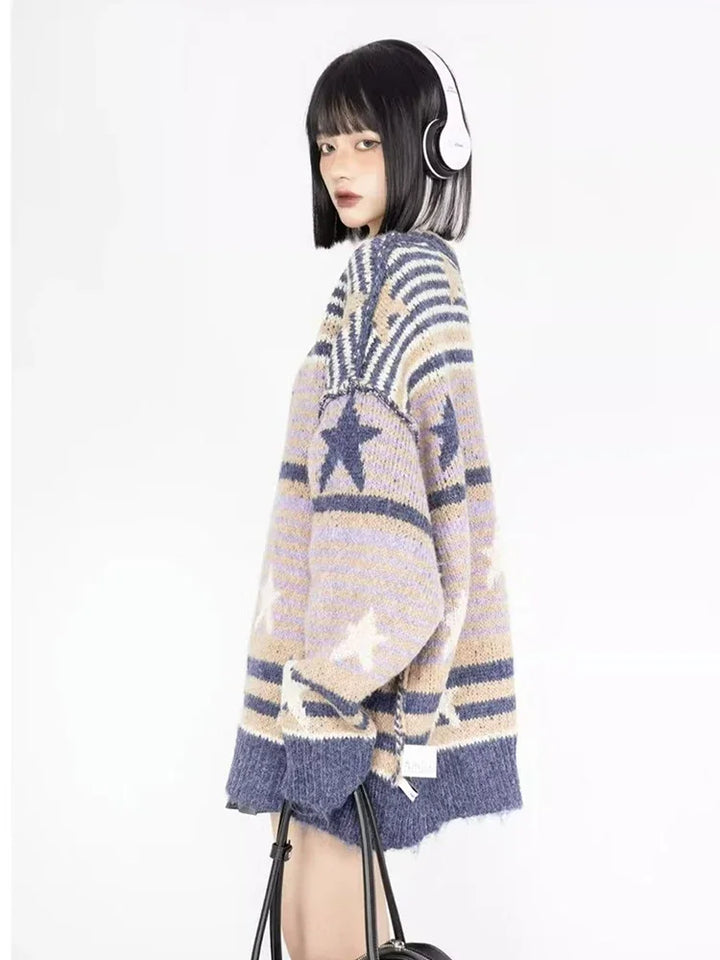 Y2K Starry Strips Oversized Sweater     - VONVEX