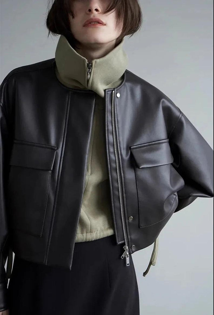 Black Oversized Leather Jacket     - VONVEX