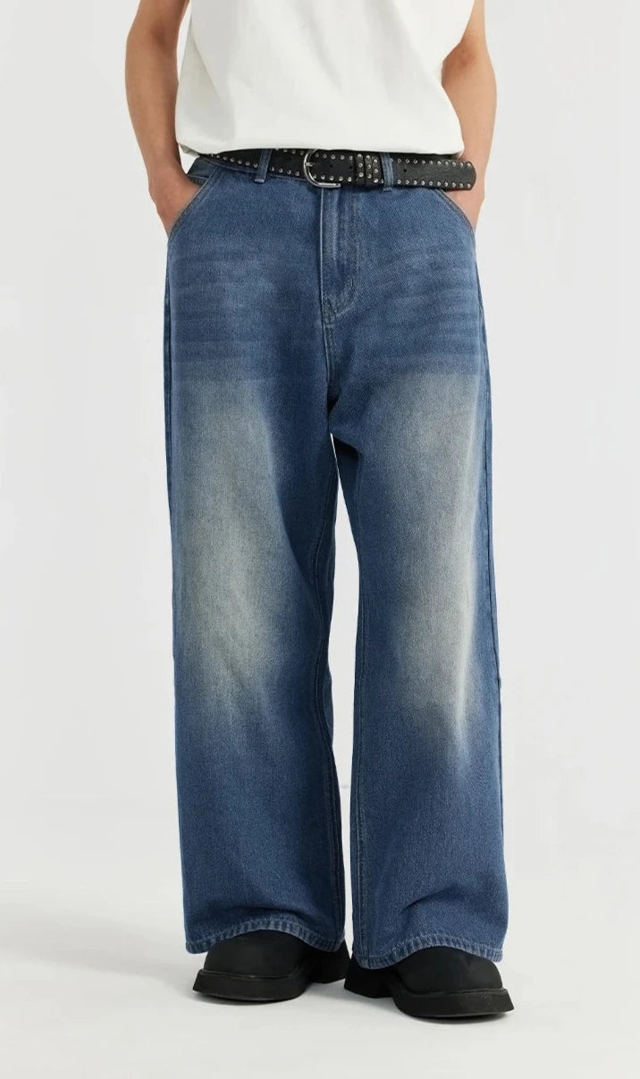 Classic Washed Denim Blue Jeans     - VONVEX