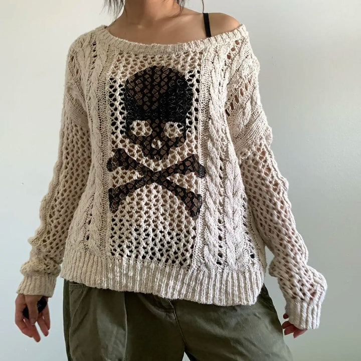 Y2K Skull Graphic Distressed Knit Sweater     - VONVEX