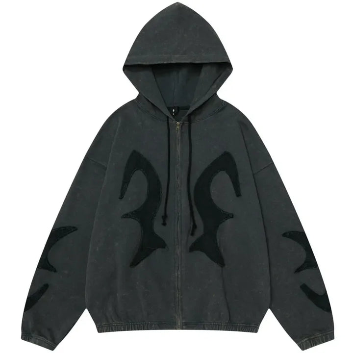 Y2K Embroidered Fire Patchs Hoodie Black S - VONVEX