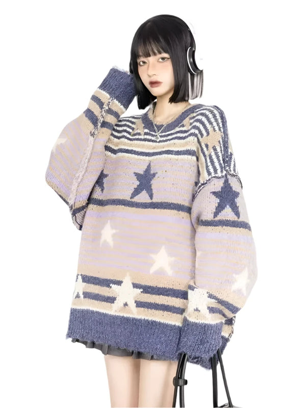 Y2K Starry Strips Oversized Sweater  Purple M  - VONVEX