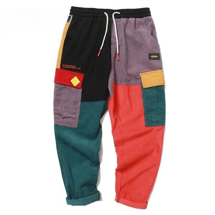 Corduroy Color Block Cargo Pants  Striped M  - VONVEX