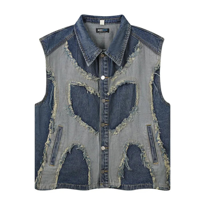 High Street Washed Raw Edge Denim Vest  M Blue  - VONVEX