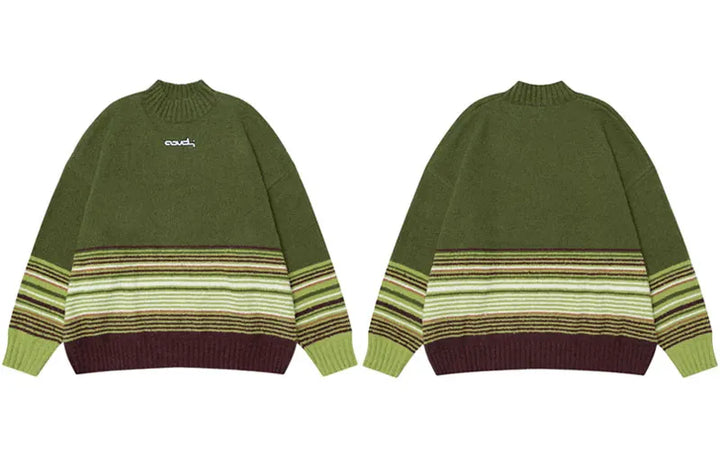 Y2K Knitted Stripe Patchwork Turtleneck Sweater Green S - VONVEX