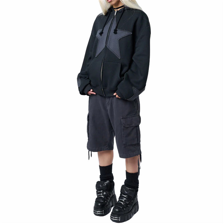 Y2K Star-Patch Zip-Up Hoodie     - VONVEX