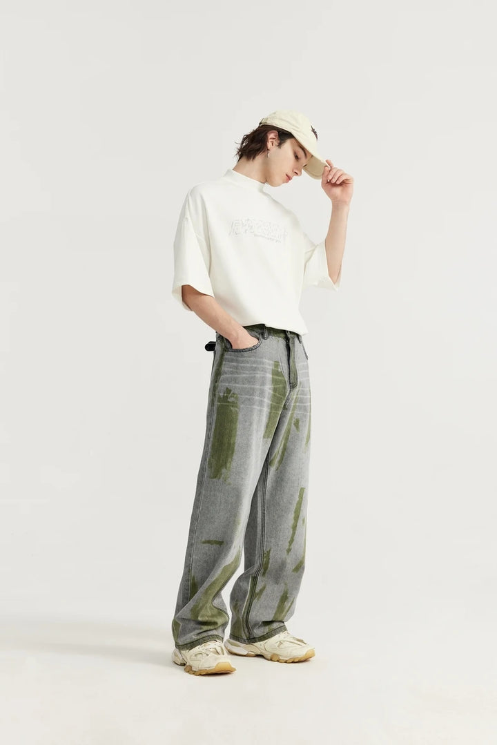 Casual Green Painted Wide-Leg Jeans     - VONVEX