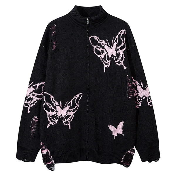 Oversized Butterfly Zip Up Cardigan Black S - VONVEX