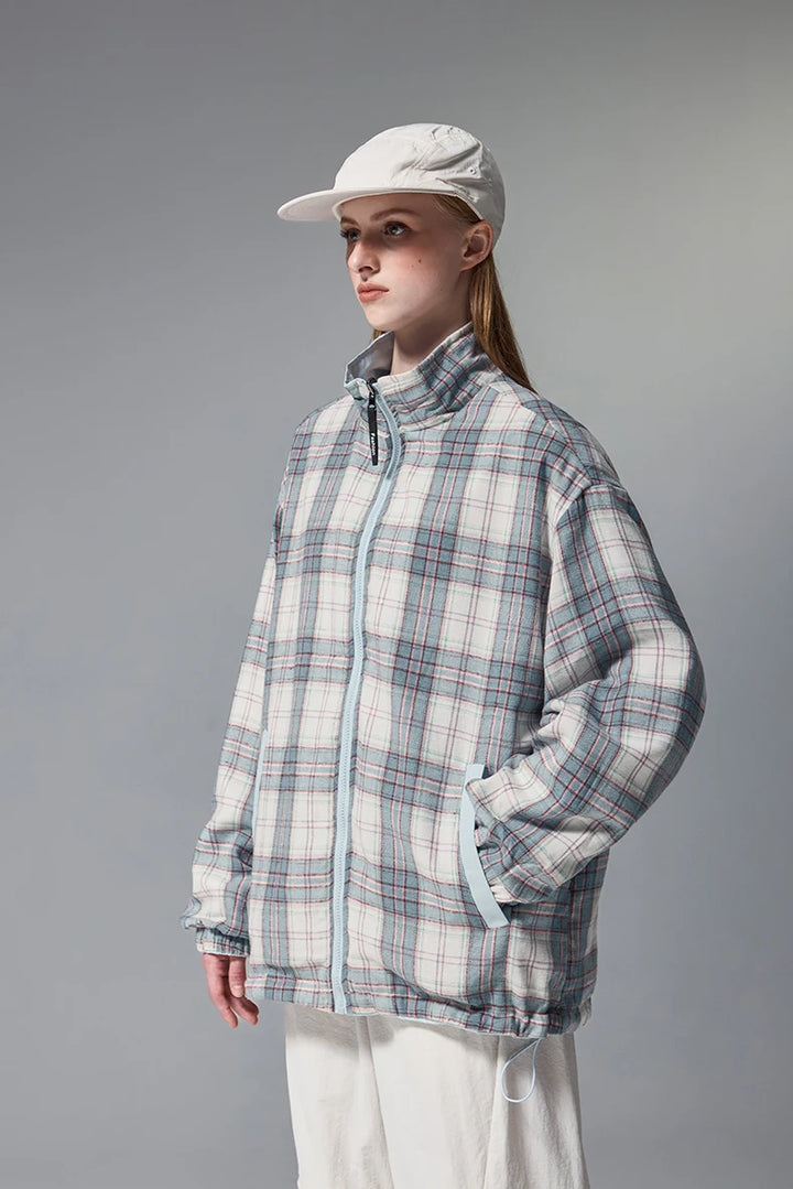 Reversible Stand Collar Plaid Jacket - VONVEX