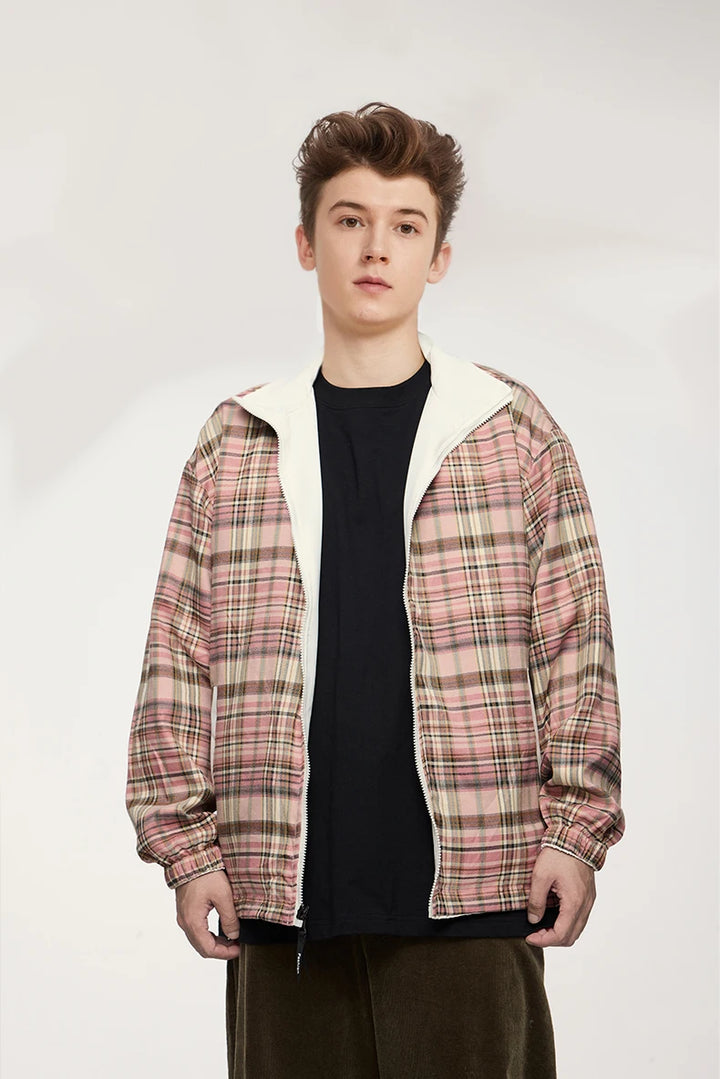 Reversible Stand Collar Plaid Jacket - VONVEX