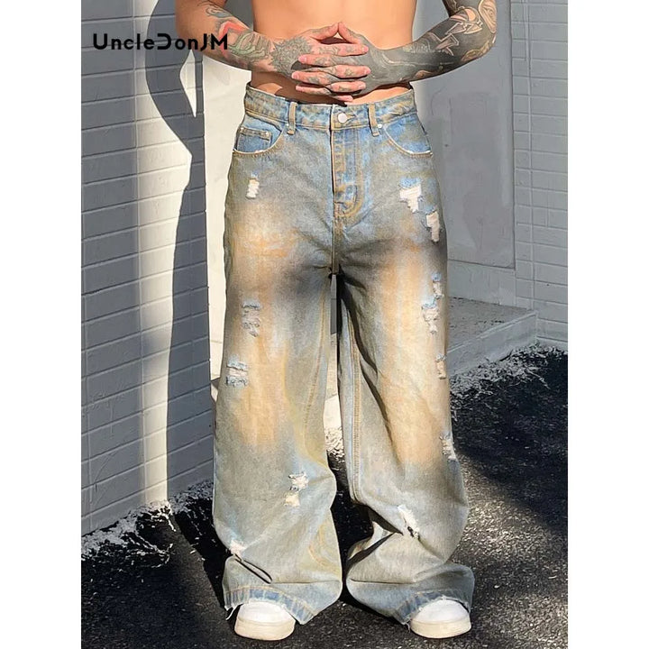 Y2K Distressed Ripped Denim Jeans     - VONVEX