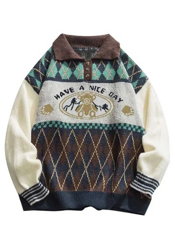 Y2k Geometric Bear Pattern Buttoned Sweaters S - VONVEX