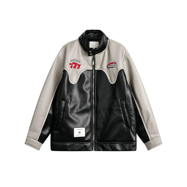 Waterproof Color block Leather Varsity Jacket  black M  - VONVEX