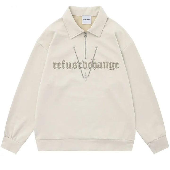 Y2K Embroidery Letter Half Zipper Sweater Beige M - VONVEX