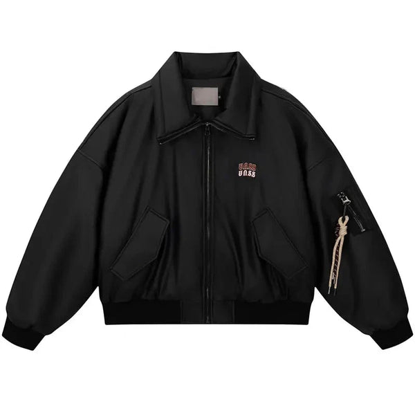 Y2k Bomber Leather Jacket  Black M  - VONVEX