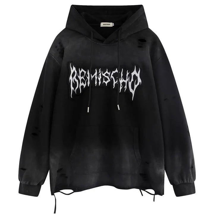 Y2K Grunge Embroidered Ripped Holes Hoodie Black M - VONVEX