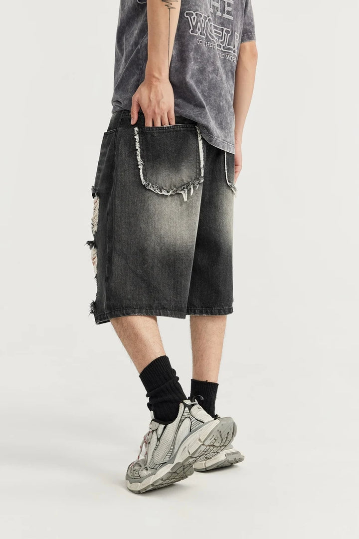 Casual Ripped Straight Leg Denim Short     - VONVEX