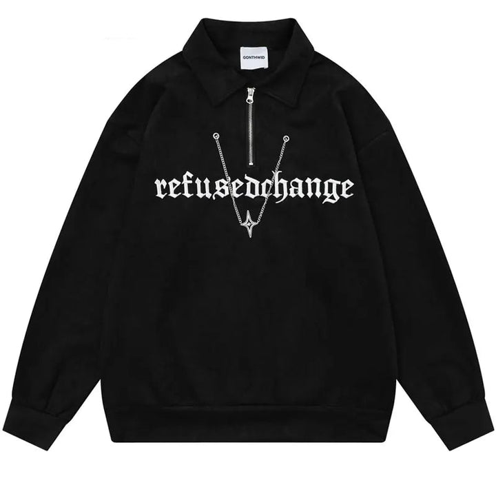 Y2K Embroidery Letter Half Zipper Sweater Black M - VONVEX