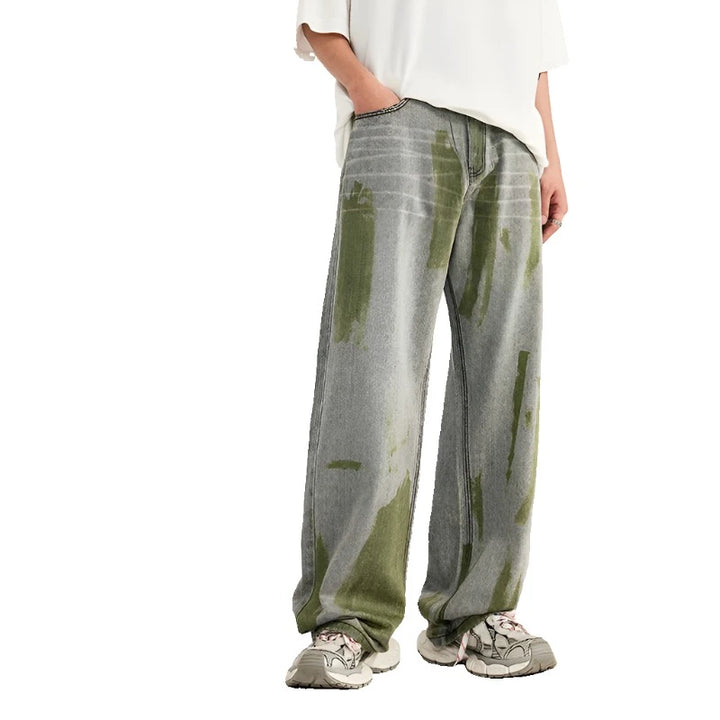 Casual Green Painted Wide-Leg Jeans     - VONVEX