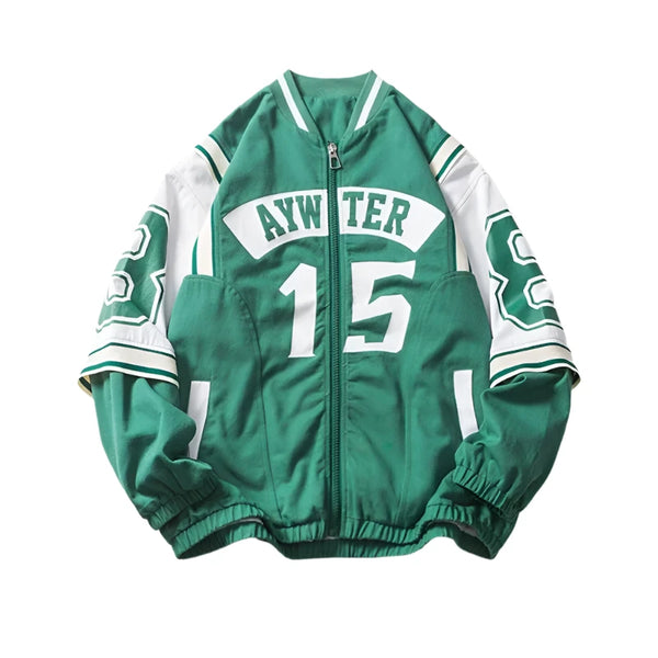 Retro Double-sleeved Green Varsity Jacket  green M  - VONVEX