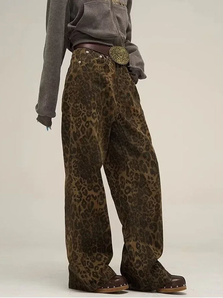 Y2K Leopard Flair High-Waisted Pants     - VONVEX