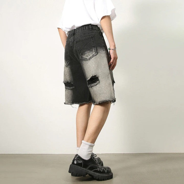 Ripped Straight Leg Denim Short     - VONVEX