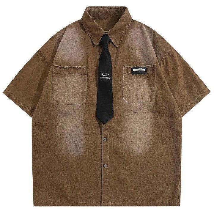 Y2K Vintage Shirt with Necktie  Brown M  - VONVEX