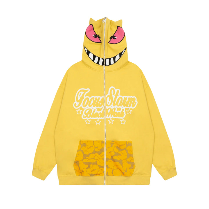 Monster Face Oversized Zip-up Hoodie  Yellow M  - VONVEX