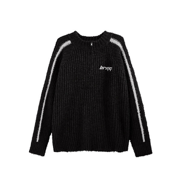 Y2K Contrast Stripe Quarter Zip Up Sweater Black M - VONVEX