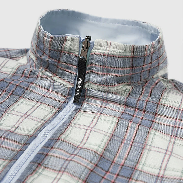 Reversible Stand Collar Plaid Jacket - VONVEX